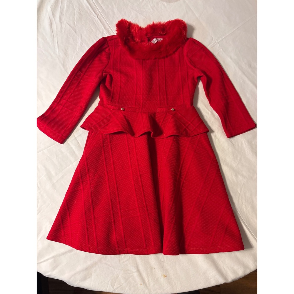 Janie and Jack Peplum Dress Kids Size 10 Red Faux Fur Collar Holiday
